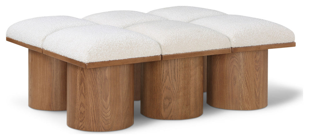Pavilion Boucle Fabric Upholstered 6-Piece Modular Bench, Cream, Walnut Finish