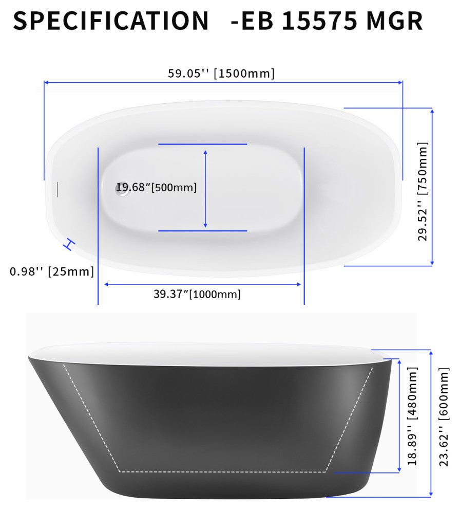 59" Acrylic Freestanding Single Slipper Soaking Bathtub, Gray
