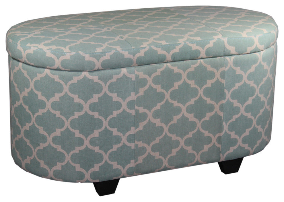 Teal and Cream Quatrefoil Oval Storage Bench