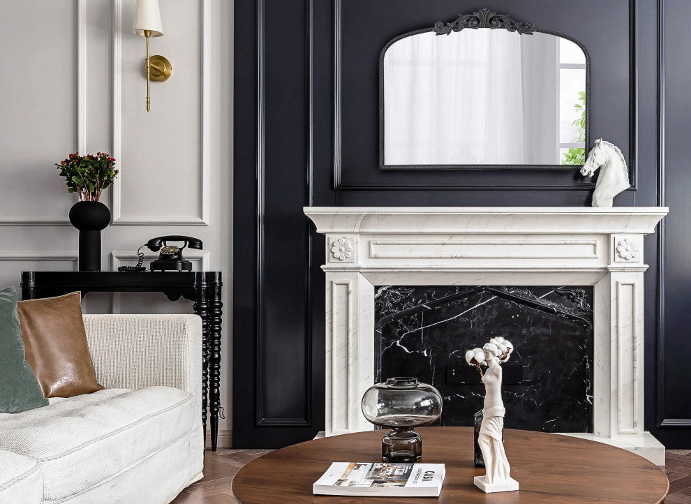 Gewnee 40"x31" Classic Design Gold Arch Mirror And Baroque Inspired Frame, Black