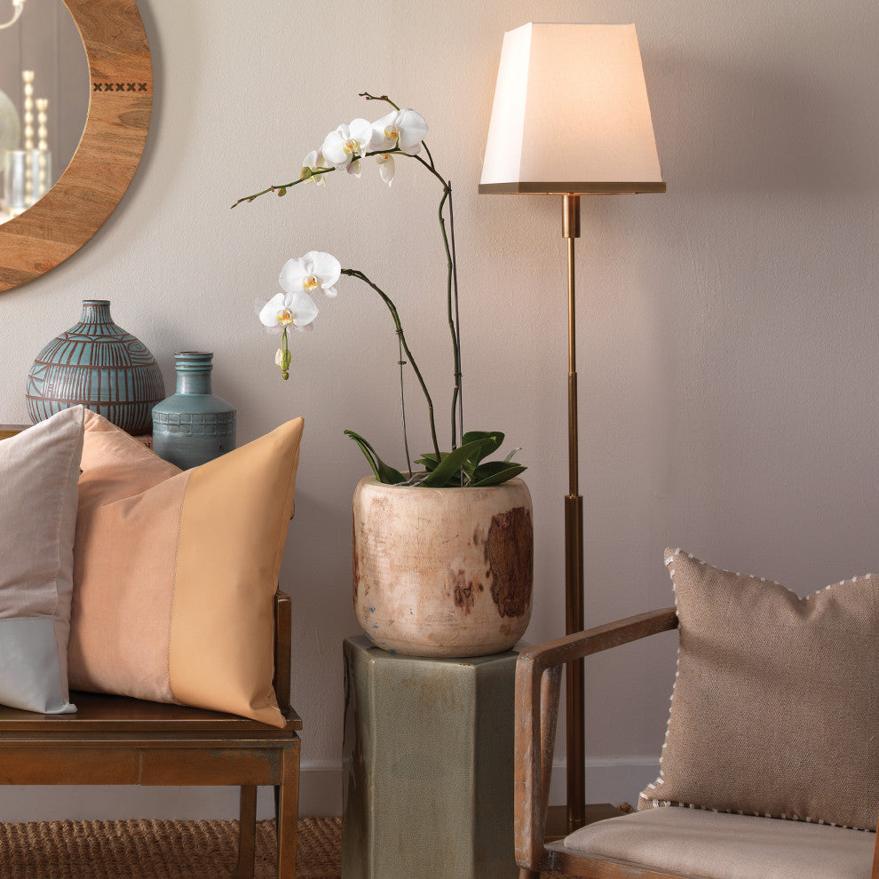 Jud Floor Lamp, Antique Brass With Large Square Open Cone Shade, White Linen