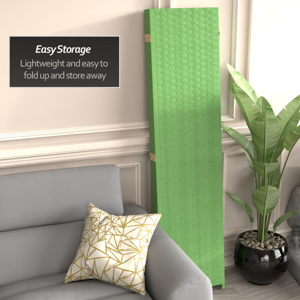 6'' Tall Woven Fiber Room Divider, 4 Panel, Light Green