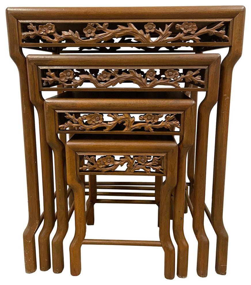 Consigned Early 20th Century Chinese Carved Teak Wood Nesting Table Set