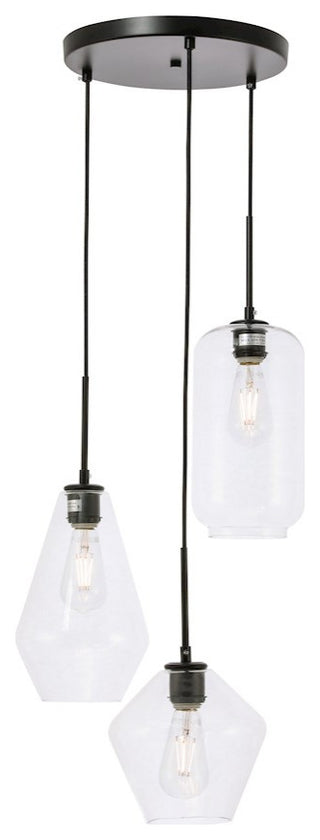 Living District Gene 3-Light Metal Pendant in Black and Clear Glass