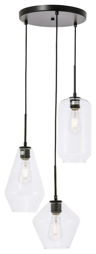 Living District Gene 3-Light Metal Pendant in Black and Clear Glass