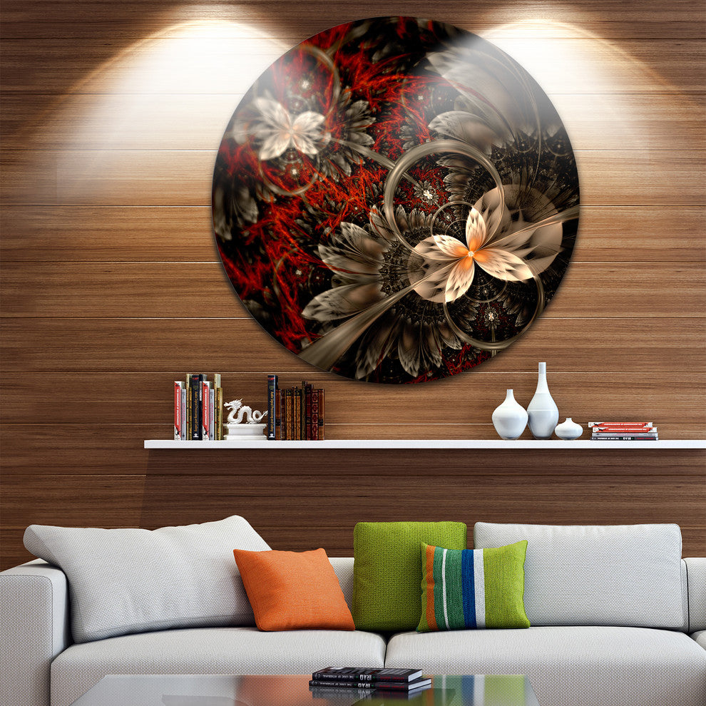 Red And Orange Fractal Flower Pattern, Floral Disc Metal Artwork, 36"