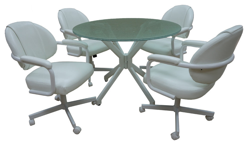 Glass Dinette Set Swivel Caster Chairs Beige Vinyl, Beige, Crackle Glass