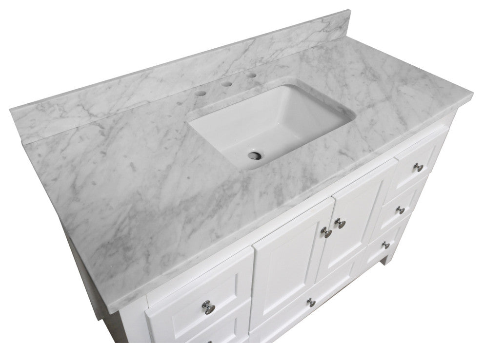 Abbey 48" Bathroom Vanity, White, Carrara Marble