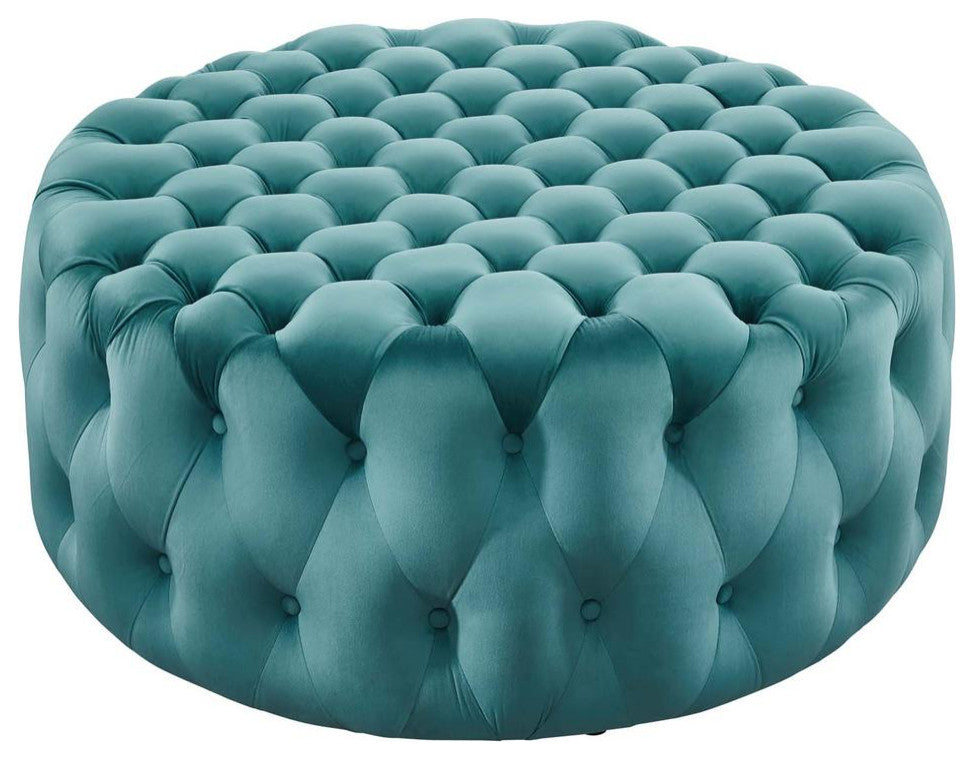 Amour Tufted Button Large Round Performance Velvet Ottoman