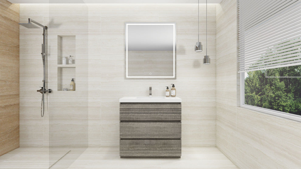 Alston 36" Free Standing Modern Vanity, High Gloss Ash Gray, Glossy White Top