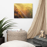 Sunrise Railroad Misty Forest Golden Haze Landscape Photo Canvas Art Print, 16" X 20"