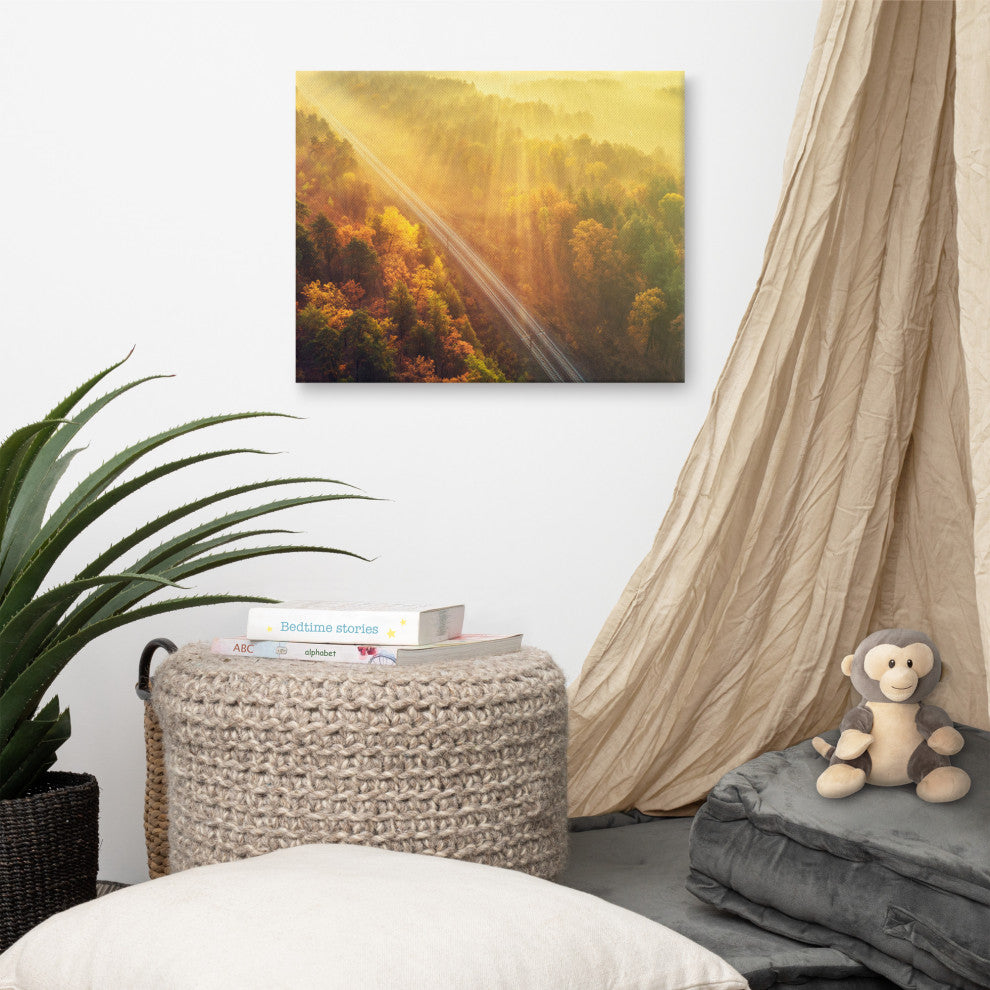 Sunrise Railroad Misty Forest Golden Haze Landscape Photo Canvas Art Print, 16" X 20"