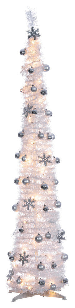 6' High Pop Up Pre-Lit Decorated Narrow White Tree With Warm White Lights