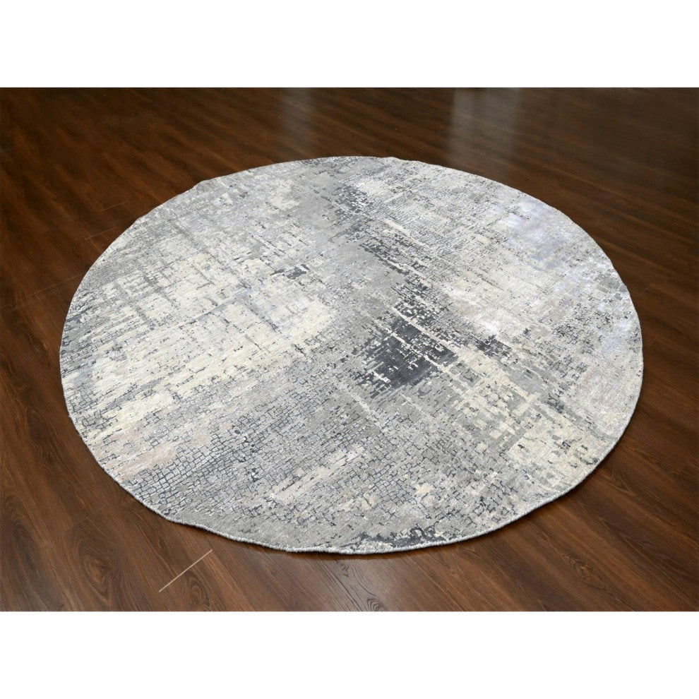 Cloud Gray Hand Knotted Abstract Design Wool and Silk Round Rug 9'10"x9'10"