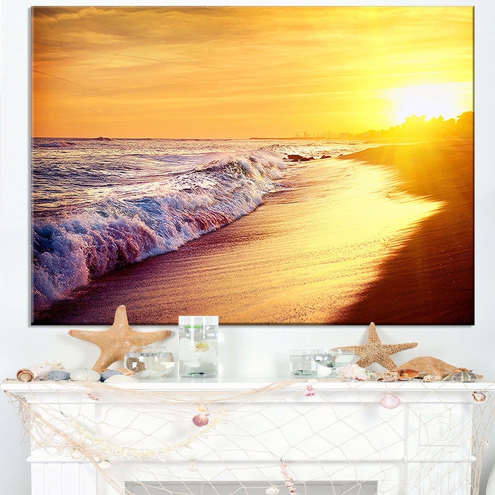 "Bright Yellow Sky With Foam Waves" Seashore Wall Art, 40"x20"