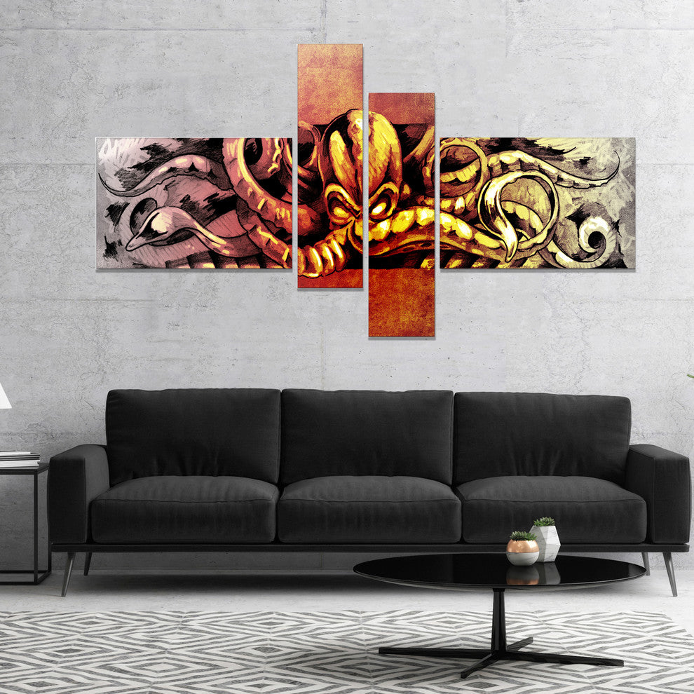 Octopus Sketch in Yellow Shade, Animal Canvas Art Print, 60"x32", 4 panels