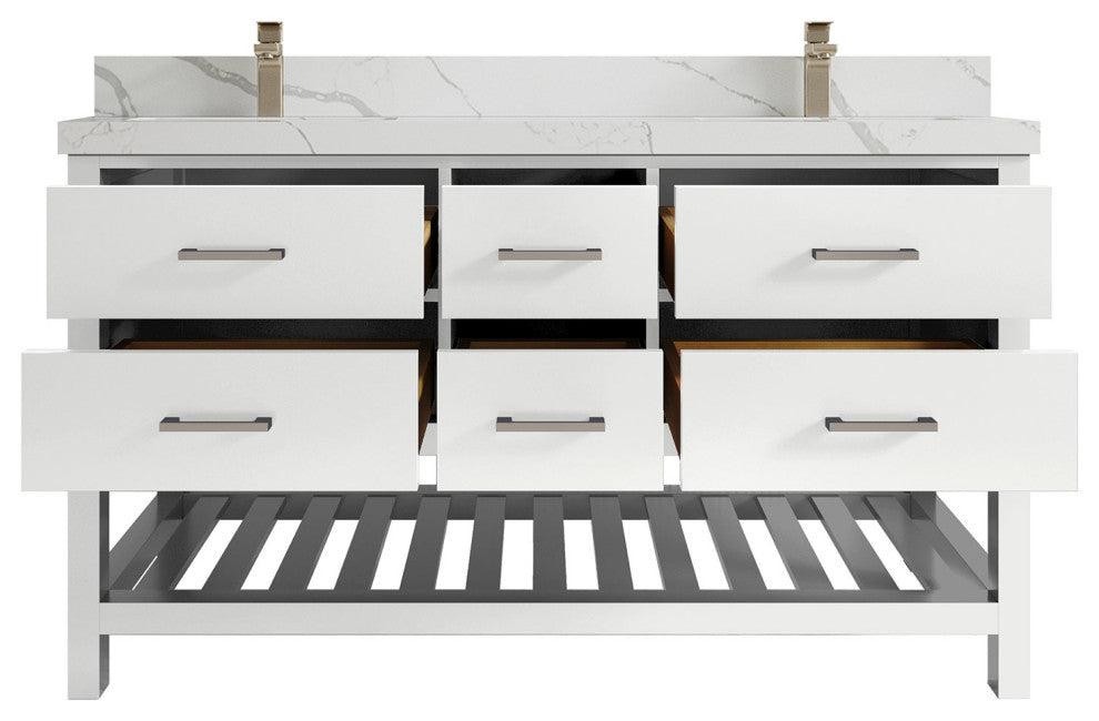 Parker 60 Double Sink Bathroom Vanity in White 2" Calacatta Laza