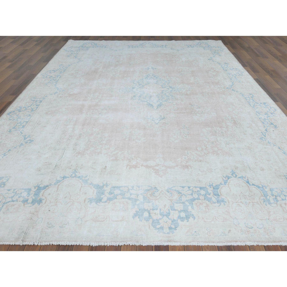 Worn Wool, Hand Knotted, Pink, Vintage Persian Kerman Rug, 9'9" x 13'3"