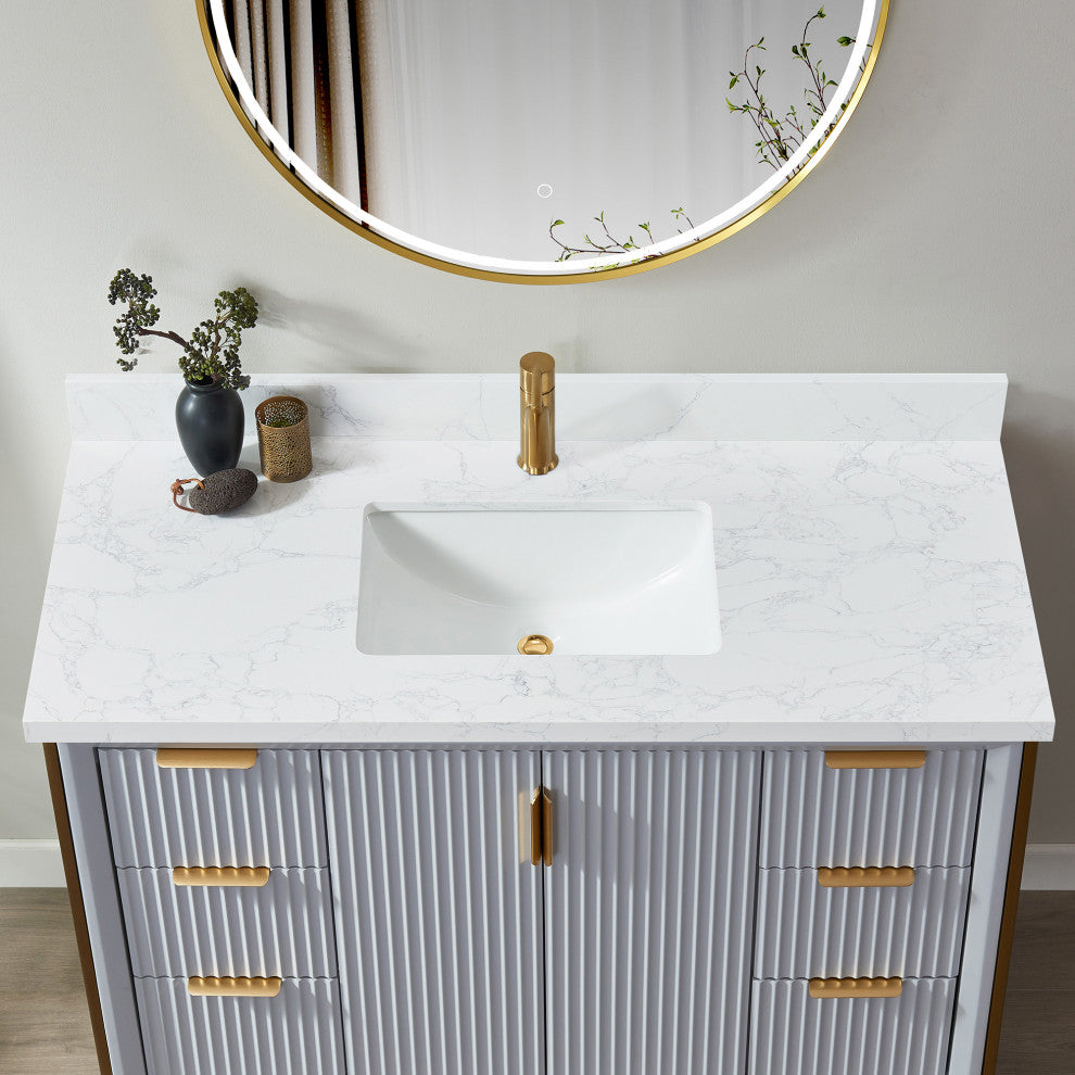 Malaga Composite Stone Vanity Top With Ceramic Sink, Grain White, 49"