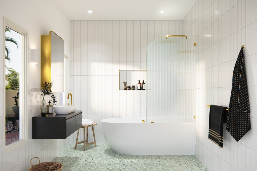Bathtub Fixed Panel, Fluted Radius, Right Hand, Satin Brass