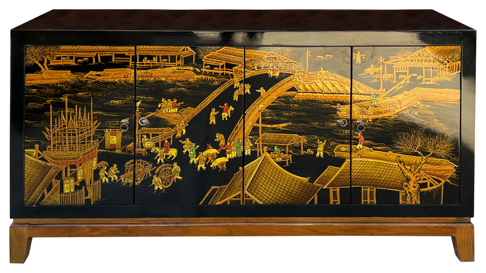 Black Golden Scenery Graphic Sideboard Buffet Console Table Cabinet Hcs7643