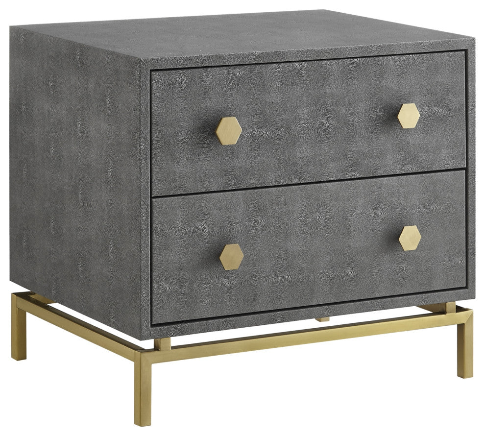 Nicole Miller Aharon Side Table, 2 Drawers, Faux Shagreen, Gray/Gold