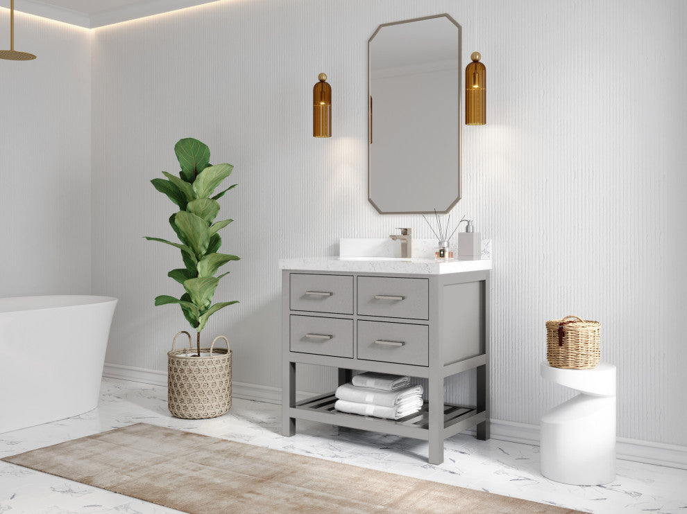 Willow Collections Parker Vanity, Gray, Pure White Quartz, 36"