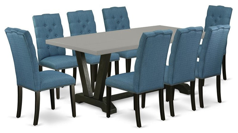 9-Piece Dinette Set Cement Color Table Top and 8 Chairs, Wire Brushed Black
