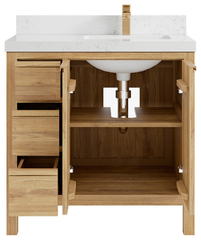 Elizabeth 36 Right Offset Bath Vanity in Light Natural Teak 2" Empira Quartz