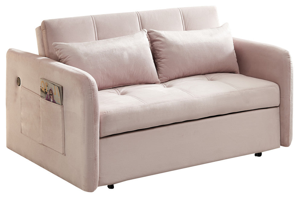 TATEUS 55.5" Twins Pull Out Sofa Bed Velvet for Small Room Pink