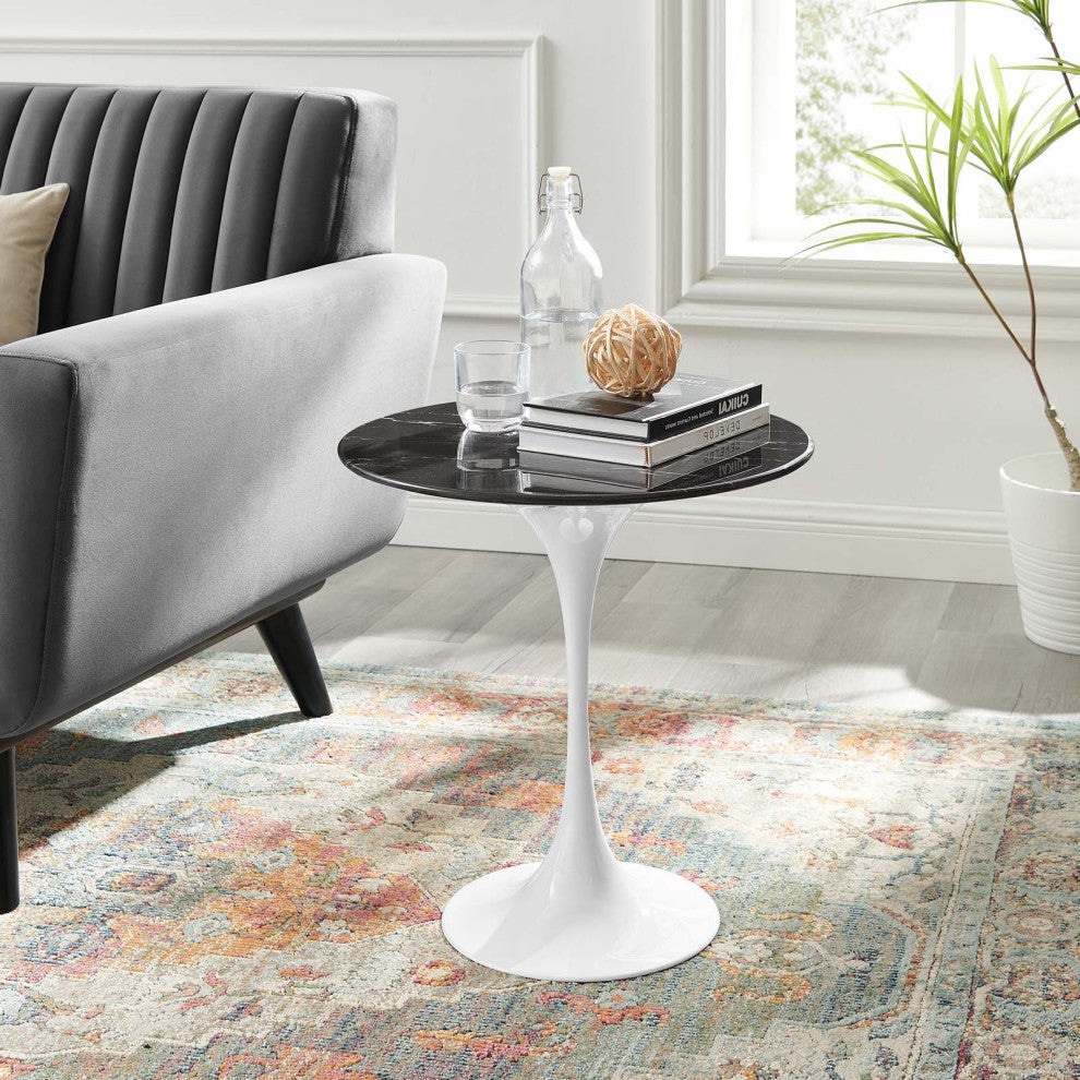 Sofa Side Table, Round, Black White, Artificial Marble, Metal, Modern