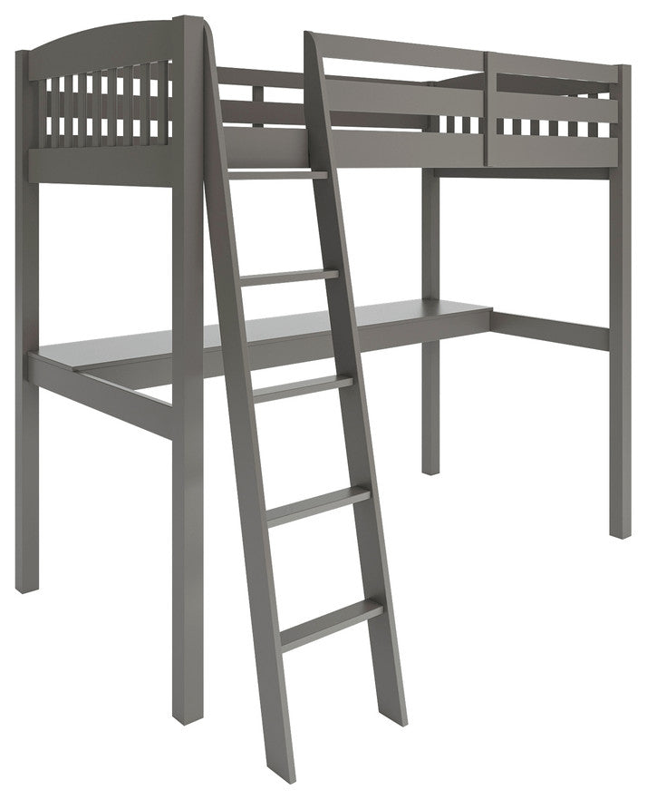 Gray Solid Wood Twin Size Loft Bed With Desk and Storage