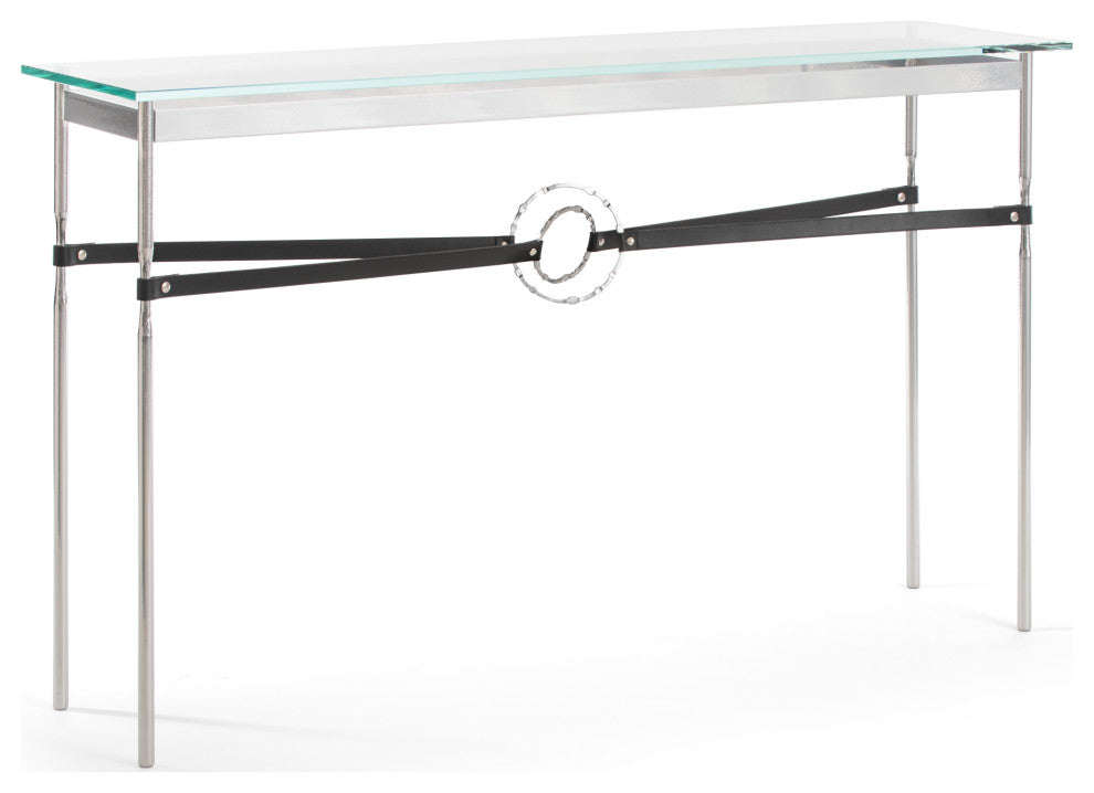 Equus Console Table, Sterling Finish - Sterling Accents - Black Leather Strap