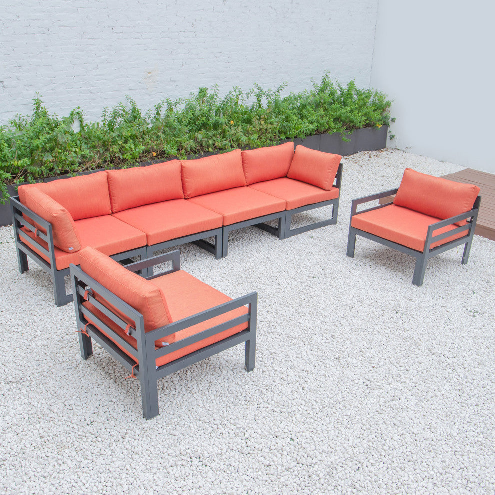 LeisureMod Chelsea 6-Piece Patio Armchair Sectional Black Aluminum, Orange