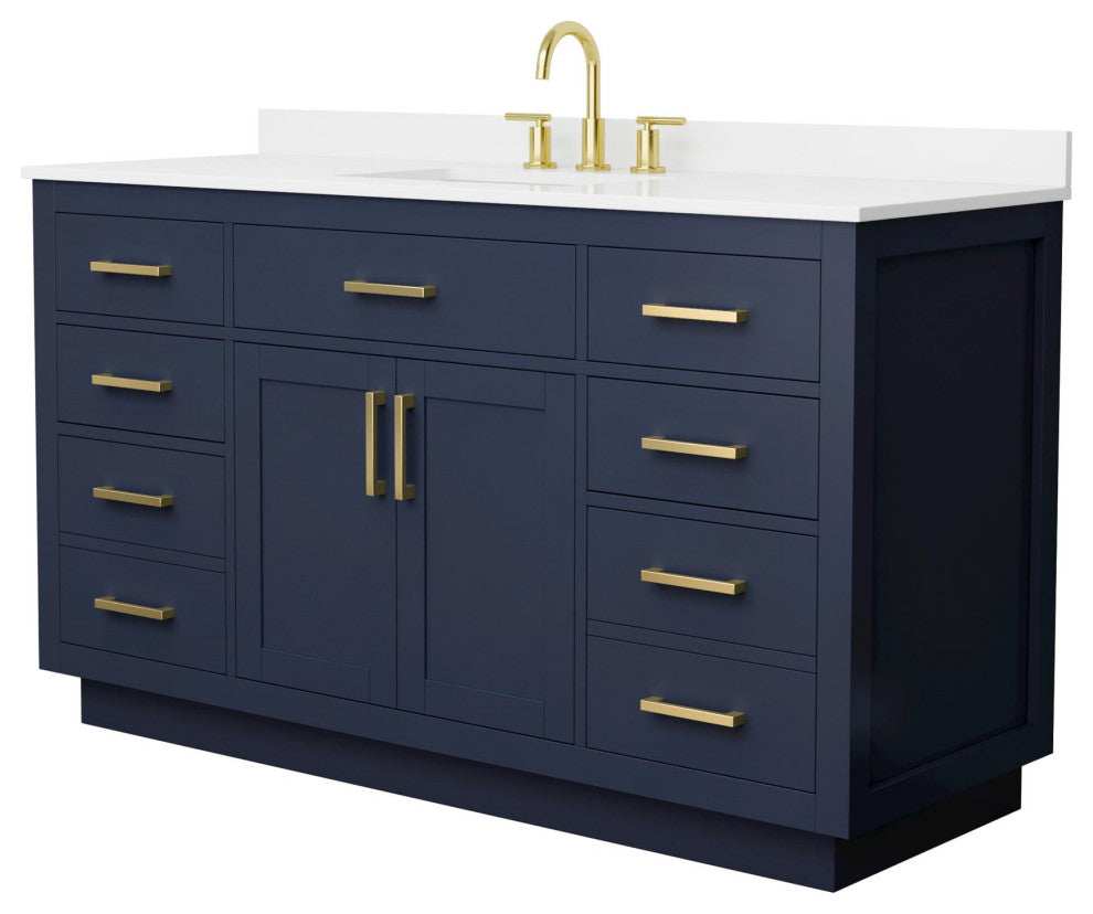 Beckett TK 60" Dark Blue Single Vanity, White Quartz Top, 3-Hole, Gold Trim