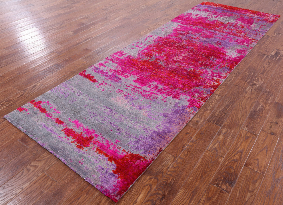 3' 11" X 11' 10" Abstract Handmade Wool and Silk Runner Rug Q9076
