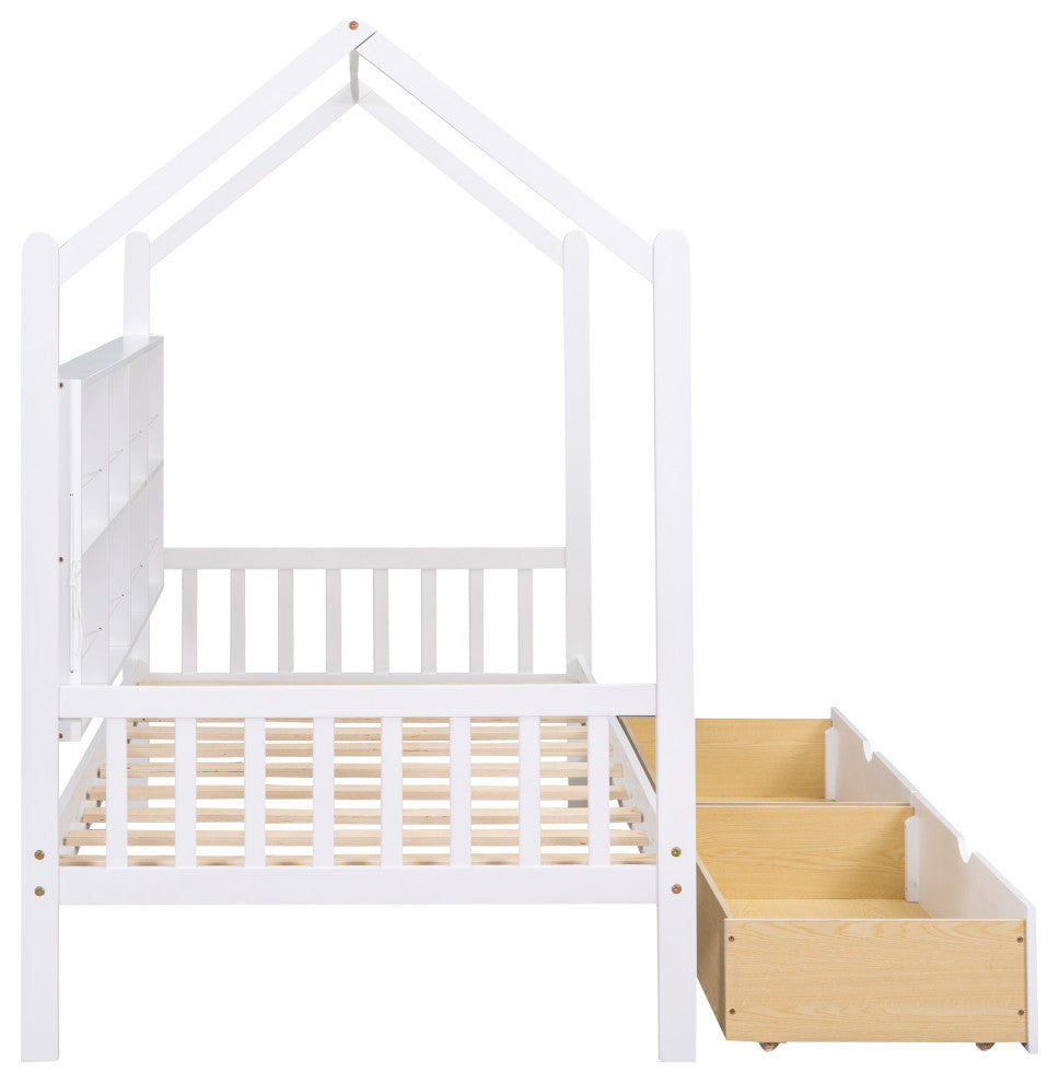 Gewnee Wood Twin Size House Bed with Drawers for Kids in White