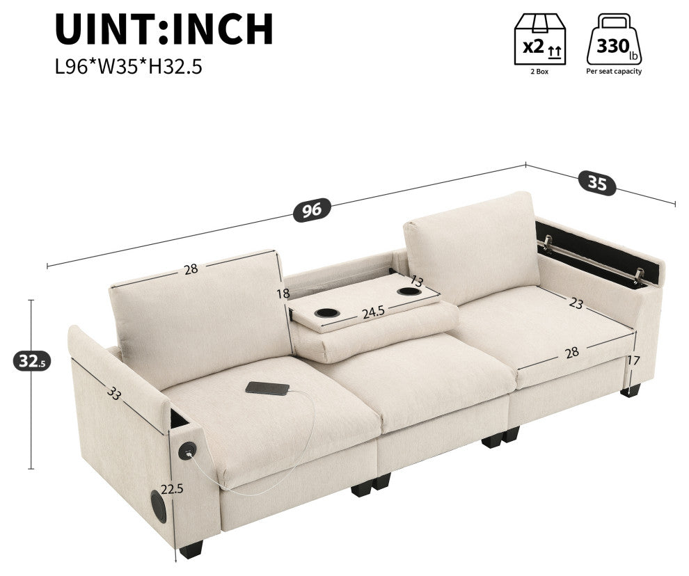 Alice Chenille Sectional Sofa, Bluetooth Speakers & USB Charger, Beige