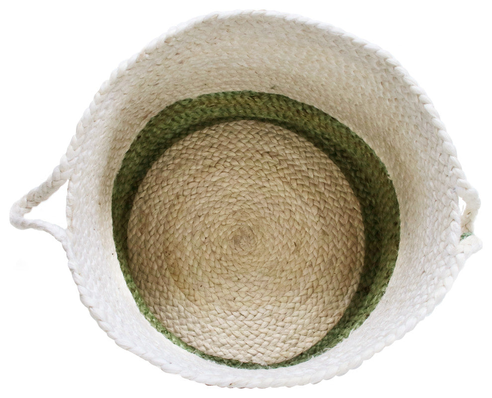 Two-Tone Off-White Jute Decorative Basket With Handles, Moss Green, 19"