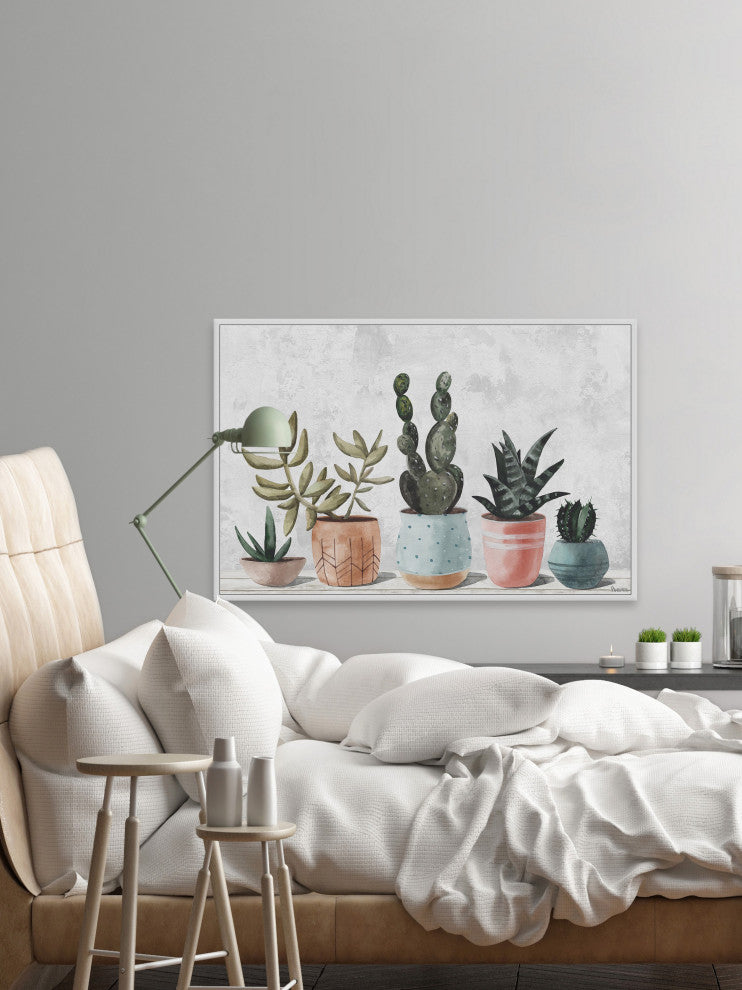 "Succulent Pastel Pots" Floater Framed Painting Print on Canvas