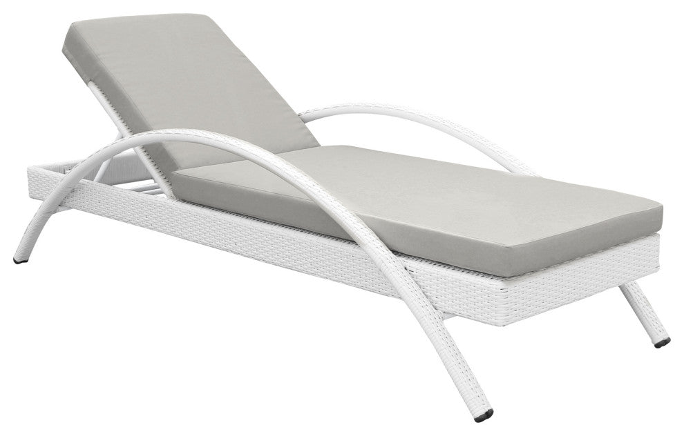 Aloha Adjustable Patio Chaise Lounge Chair, White Wicker and Grey Cushions