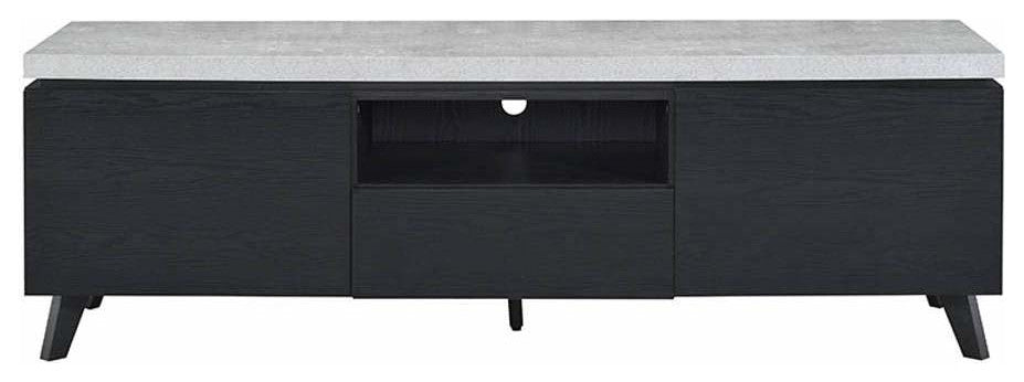 Spacious Wooden TV Stand with Faux Concrete Top and Tapered Legs,Black and White