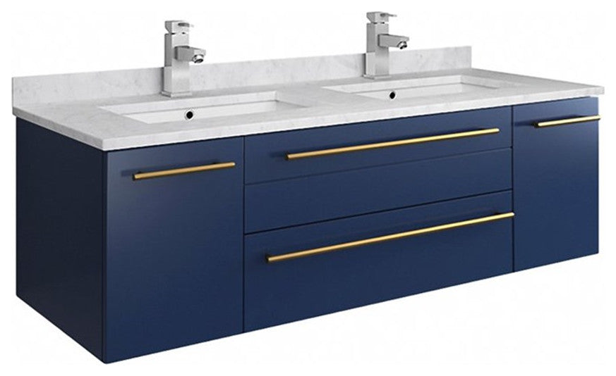 Lucera 48" Modern Royal Blue Wall Hung Cabinet, Top and Double Undermount Sink
