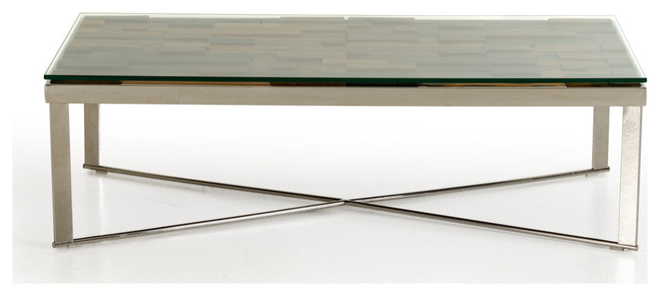HomeRoots 14" Mosaic Wood Glass and Steel Coffee Table