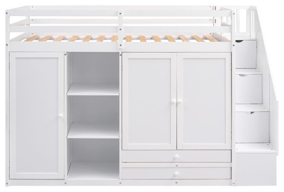 Gewnee Functional Loft Bed with 3 Shelves, 2 Wardrobes and 2 Drawers in White