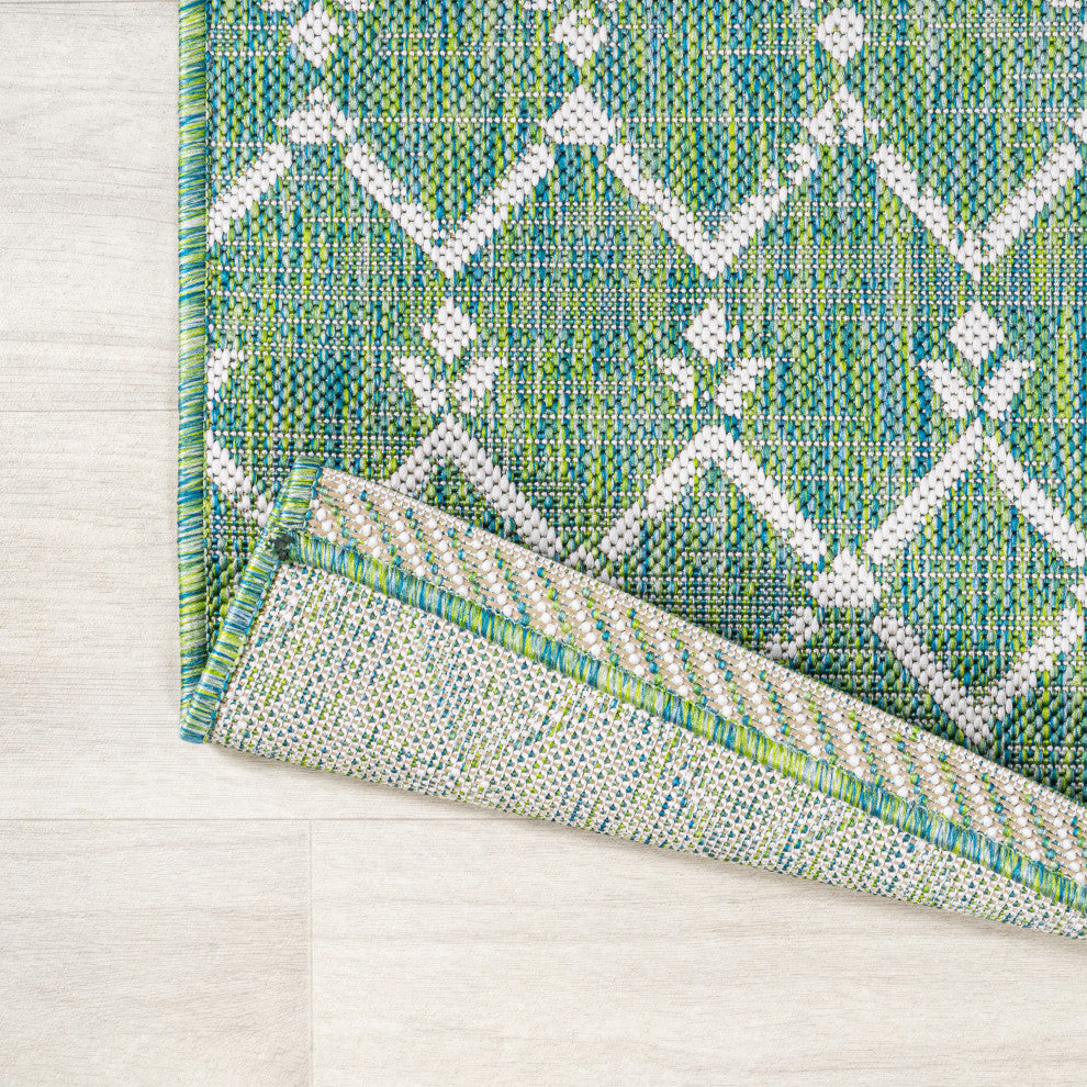 Ourika Moroccan Geometric Indoor/Outdoor Rug, Ivory/Green, 2x8