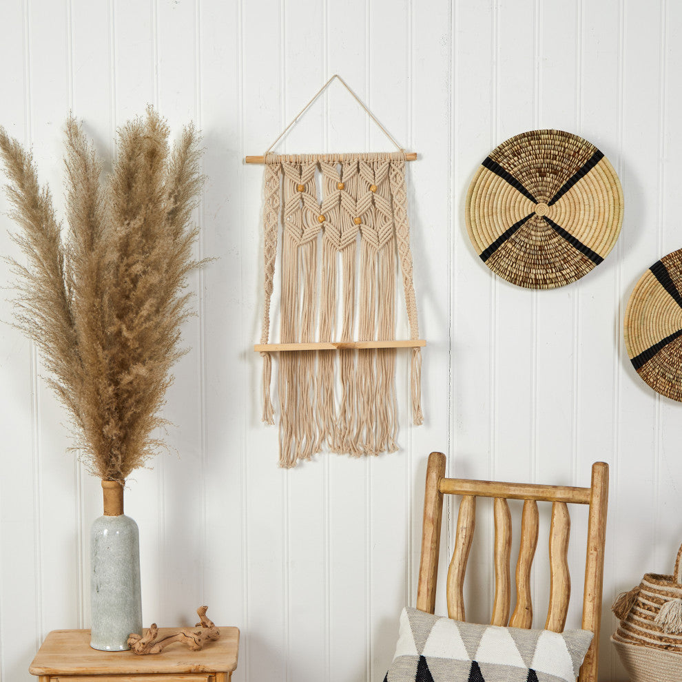 7114 2.5x1.5 Handmade Boho Macrame Wall Hanging With Wooden Shelf
