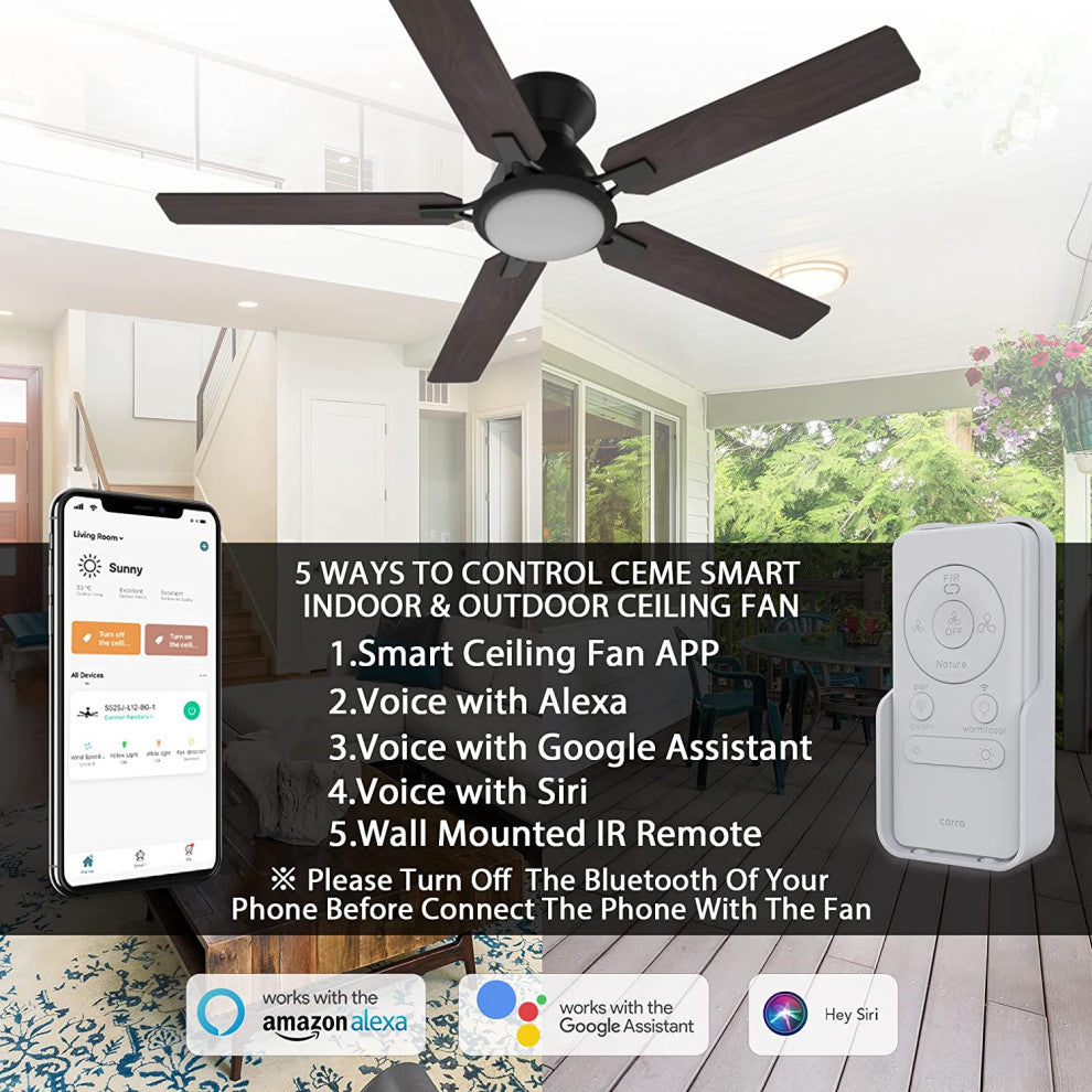 CARRO Flush Mount Ceiling Fan With Dim LED Light and Remote Smart 52" 5-Blade, Walnut