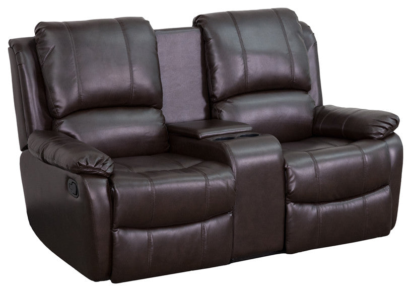 Modern 2-Seat Reclining Pillow Back Brown Leather Theater Seating
