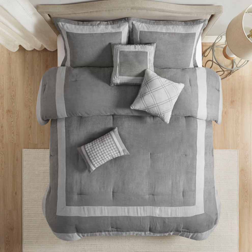 Madison Park Dax Microsuede Colorblock 7-Piece Comforter Set, Grey, King